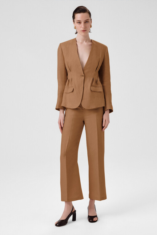 Camel Tek Düğmeli Kadın Blazer Ceket 