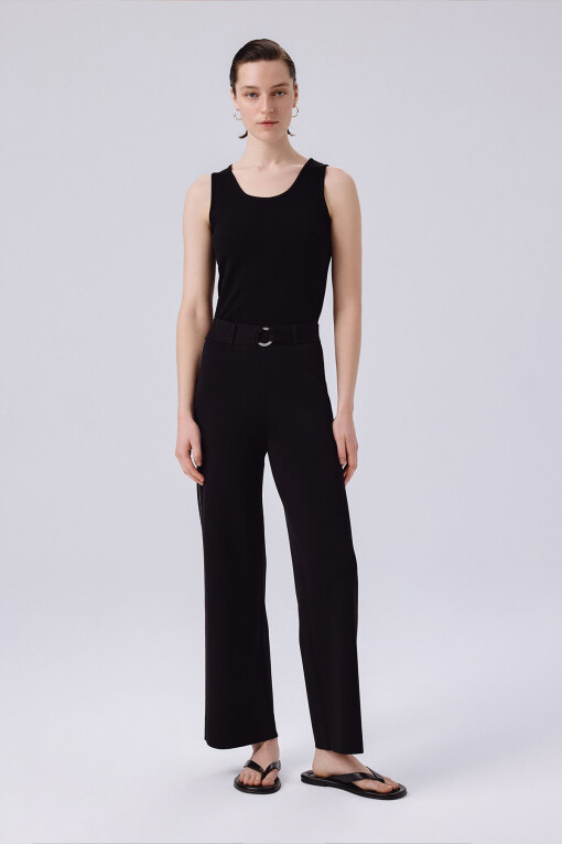 Black Belted Wide Leg Women's Pants 