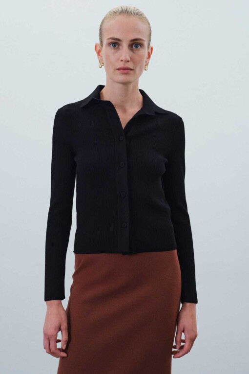 Black Shirt Collar Slim Fit Knit Women’s Cardigan 