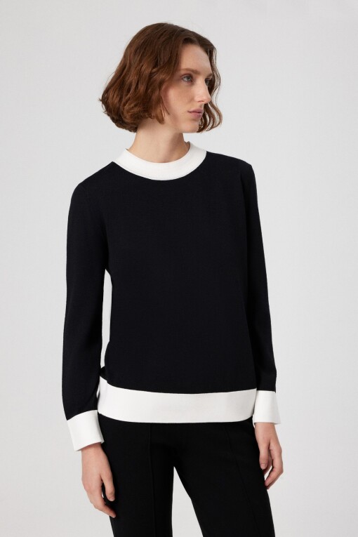 Black and White Cuffed Long Sleeve Women's Sweater 