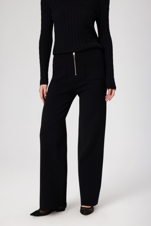 Black Zippered Women's Pants with Pocket Detail 