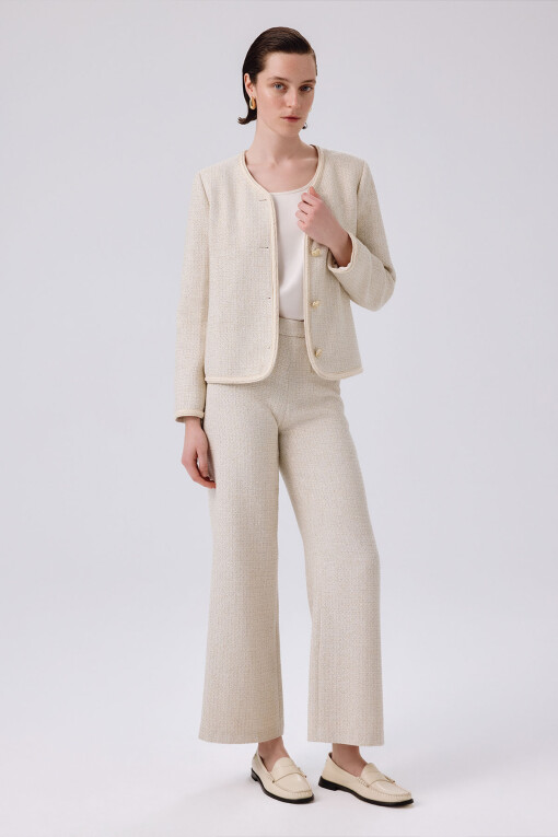 Bone Gold Button Detail Tweed Pants 