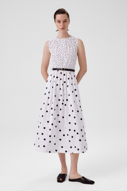 Ecru Black Polka Dot Sleeveless Long Dress 