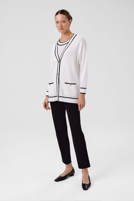 Ecru Black Striped V-Neck Women's Cardigan 