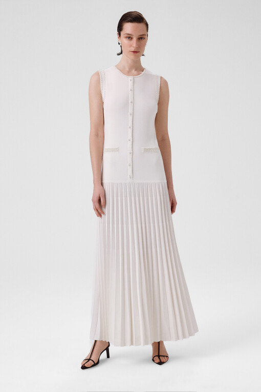 Ecru Pearl Embellished Pleated Hem Long Dress 