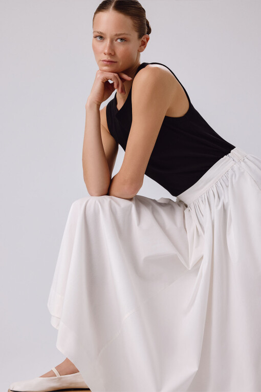 Ecru Pocket Detail Long Flared Skirt 