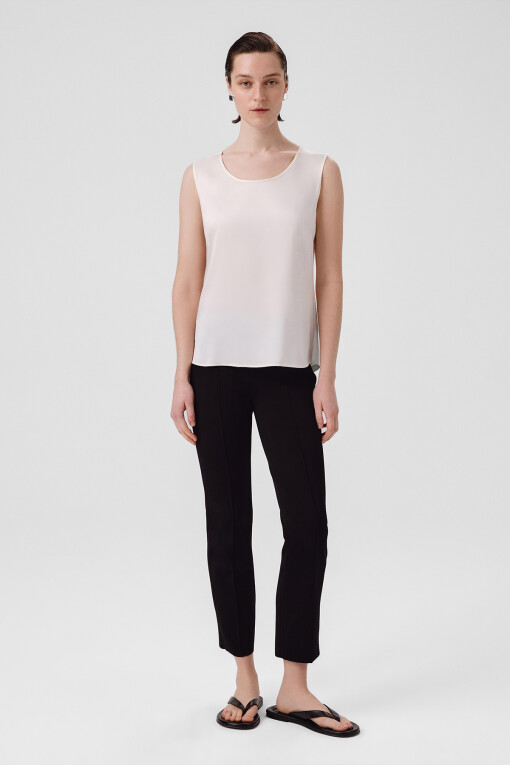 Ecru Round Neck Satin Women's Tank Top 
