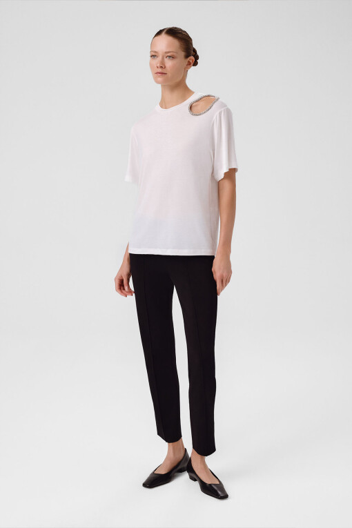 Ecru Shoulder Stone Embellished Women's T-Shirt 
