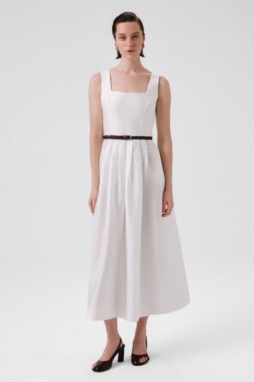 Ecru Square Neck Belted Long Dress 