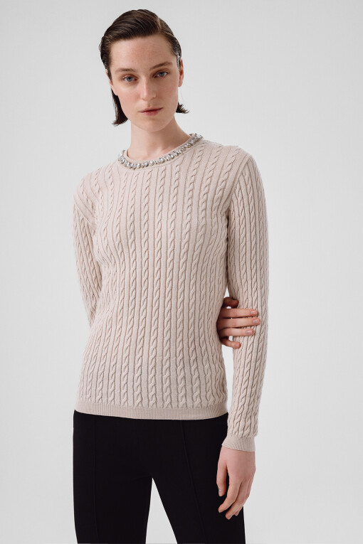 Light Beige Neckline Stone Embellished Women's Sweater 