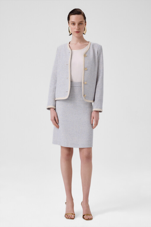 Light Blue Gold Buttoned Tweed Women's Jacket 