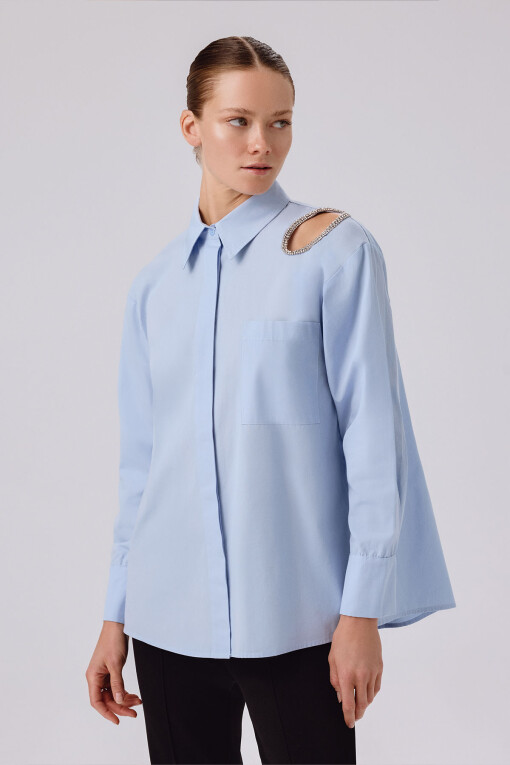 Light Blue Stone Embellished Oversized Women's Shirt 