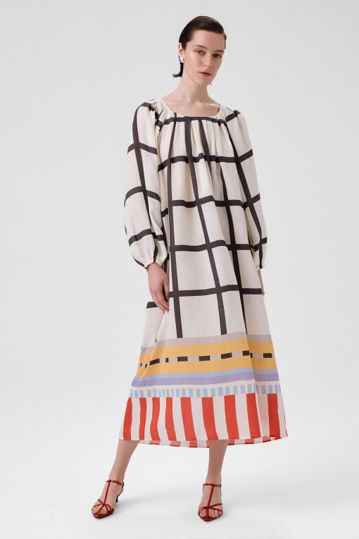 Multicolor Patterned Balloon Sleeve Long Dress 