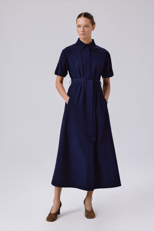 Navy Shirt Collar Short Sleeve Long Dress 